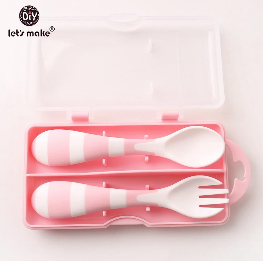 Låt oss göra babyskedar som matar rätter bestick för barn bestick bestick färre sked plast med låda babyredskap: Rosa sked