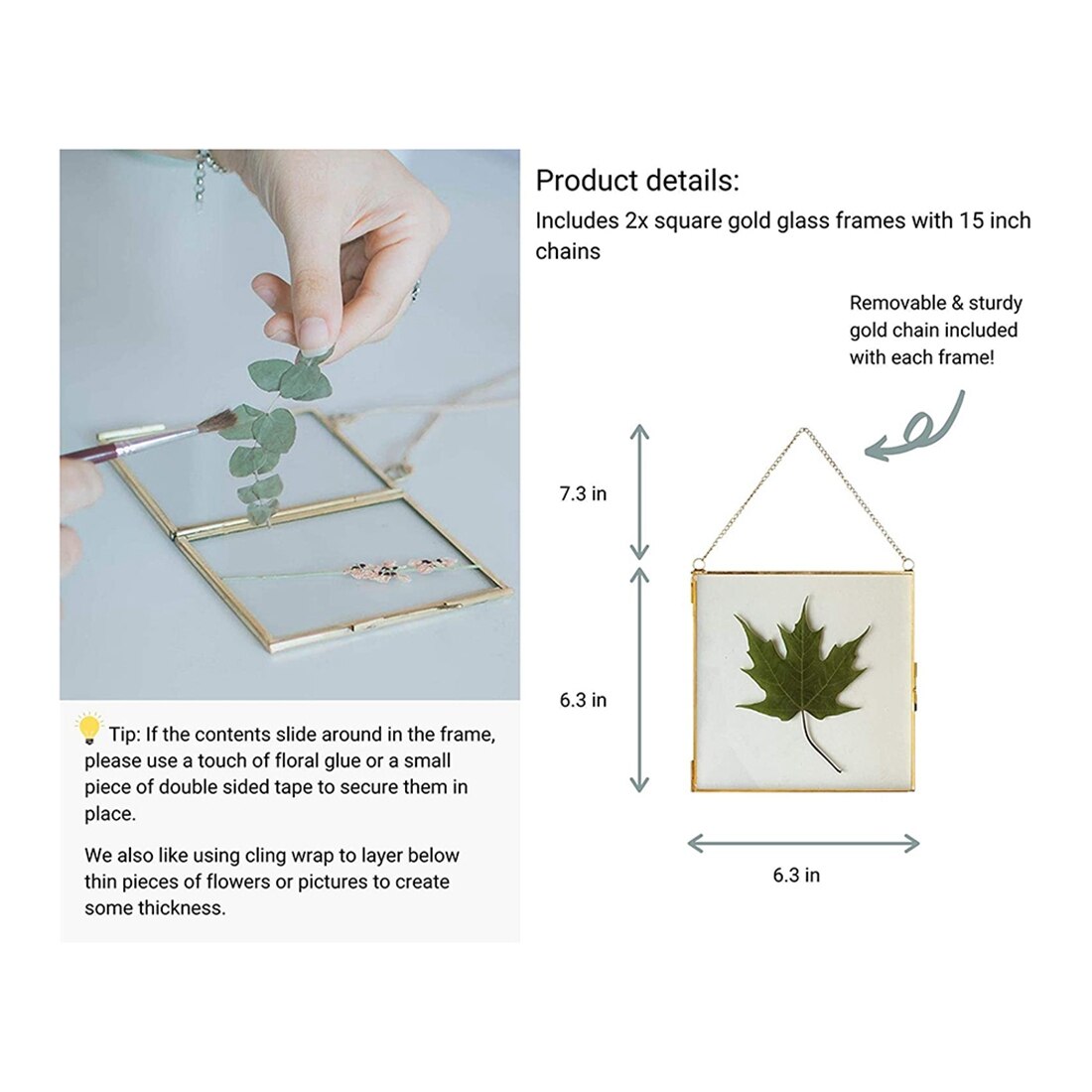 2Pcs Glass Frame for Pressed Flowers, Leaf and Artwork - Hanging Square Metal Picture Frames,Clear Double Glass Floating