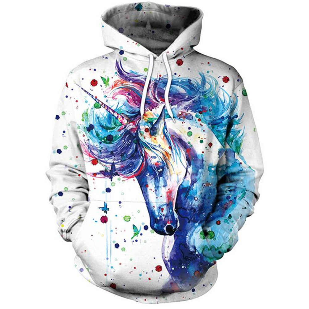 neue Digitale Druck Sweatshirt frauen Lose Mit Kapuze Aquarell Einhorn Pullover Kreative Paar Casual Outerwea