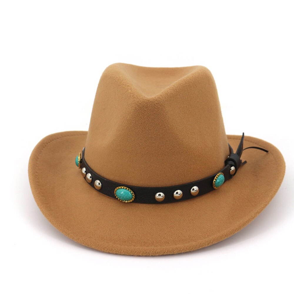 Men Women Wool Western Cowboy Hat With Punk Belt Sombrero Hombre Wide Brim Jazz Hat: Light Coffee