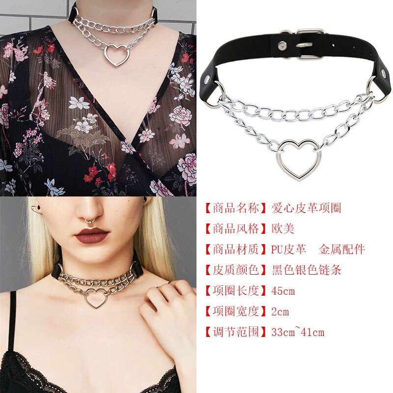 Black Gothic heart Punk Choker goth chain collar dark pu leather chocker Rock necklace women girls festival Jewelry: CR490