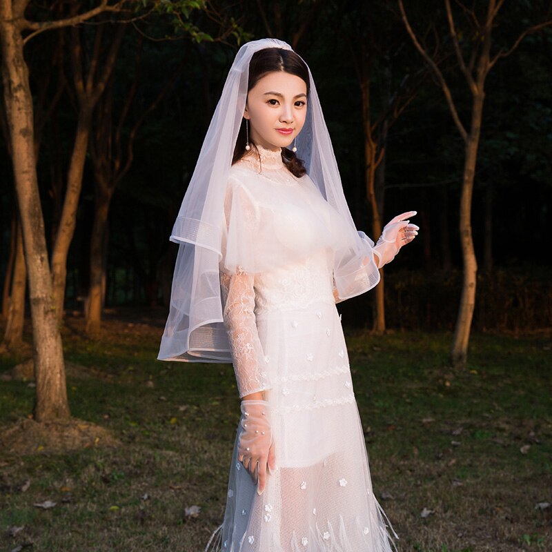 velo de novia de dos capas blanco yema del dedo velo corto nupcial 2T velos de boda con peine Borde de tul fuerte