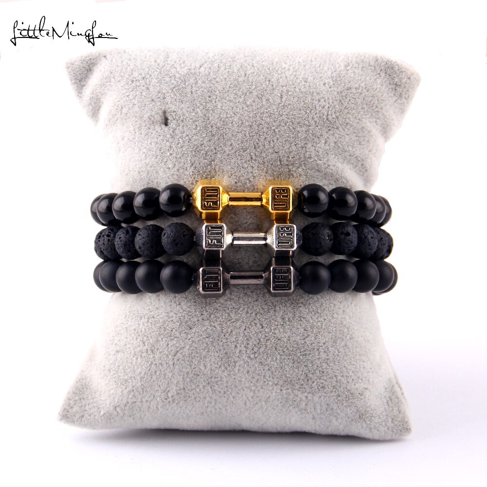 Little Minglittle Fit Life Dumbbell charm fitness bracelet Black Matte stone bead men Bracelets & bangles for women jewelry