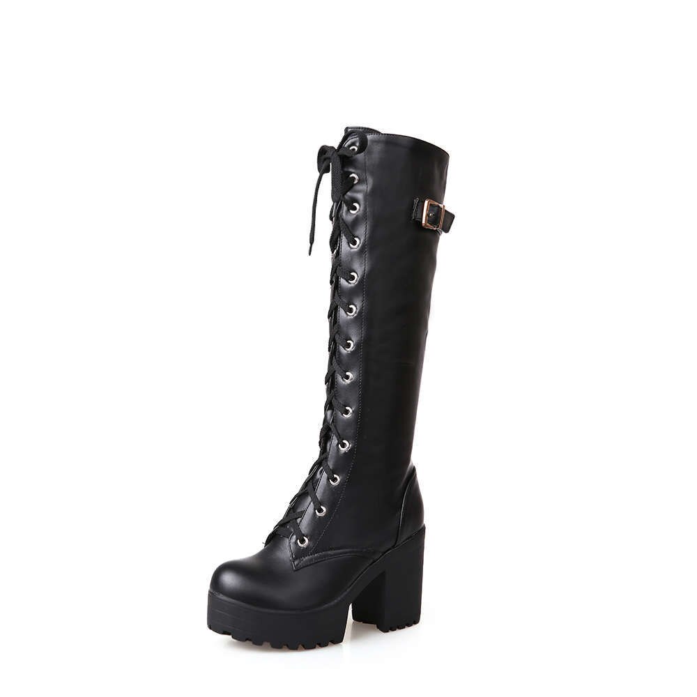 Lente Herfst Vetersluiting Knie Hoge Laarzen Vrouwen Mode Witte Vierkante Hak Vrouw Lederen Schoenen Winter Pu Grote Maat 43: Black / 8