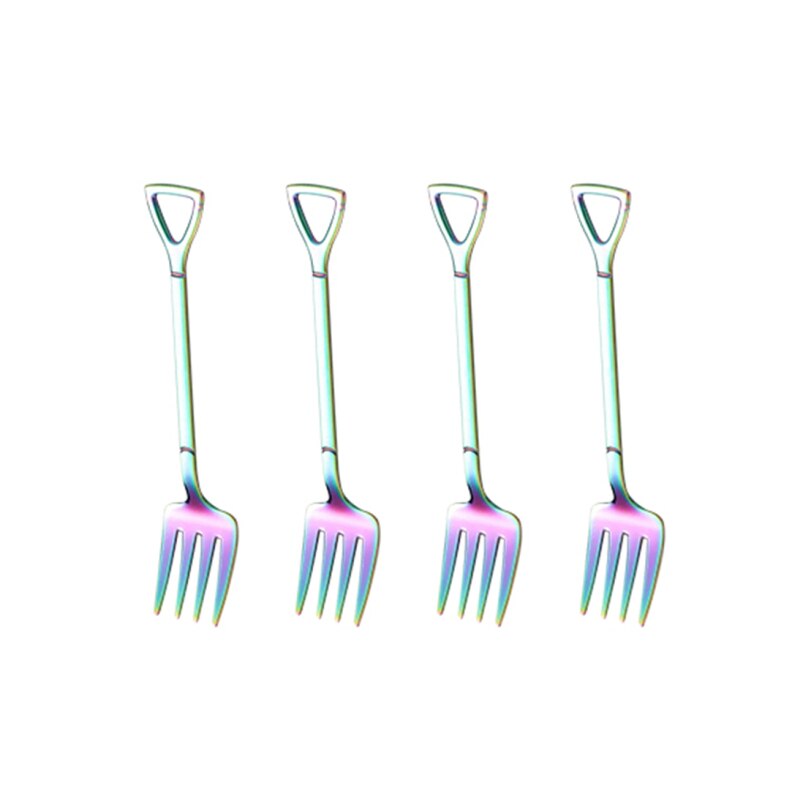 4PCS Coffee Spoon Cutlery Set Stainless Steel Retro Iron Shovel Ice Cream Spoon Fork Spoon Fruit Fork Tableware: 4Pcs Rainbow fork