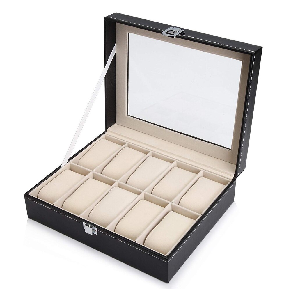 3/6/10 slots læderur opbevaringsboks arrangør herreur displayholder tilfælde sorte smykkeskrin bedst: 10 pladser