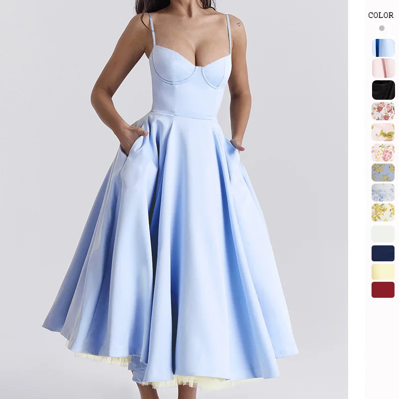Women's A-Line Spaghetti Strap Mid-Calf Dress European And American Style Double-Layer Mesh Suspender Dress