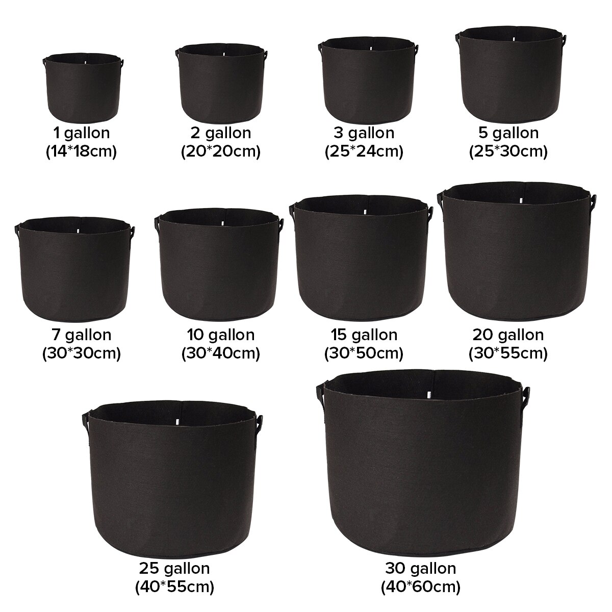 Sort stof krukker plante vokse poser med håndtag plantesæk frøplante blomsterpotte størrelse 1, 2, 3, 5, 7, 10, 15, 20 ,25, 30 gallon