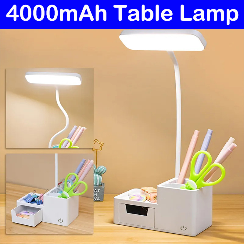 4000Mah Led Tafellamp Usb Oplaadbare Leesboek Nachtlampje Oogbescherming Touch Dimbaar 3 Modi Pennenhouder Bedlampje
