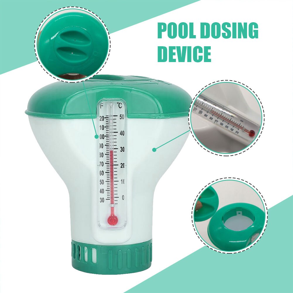 Swimming pool chlorine dispenser with thermometer, disinfection, automatic applicator pump, whirlpool cleaning accessories
