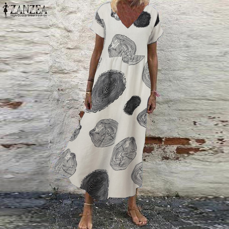 De las mujeres vestido de tirantes de verano estampado Retro vestido Maxi ZANZEA pantalón corto Casual manga Vestisdos mujer cuello en V bata de 5XL