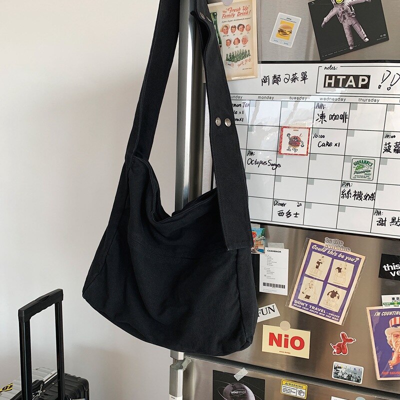 Sac Hobo en toile pour adolescent, sac en coton réutilisable pour étudiant en ecologie, sacoche élégante pour tous les jours à la coréenne: Black