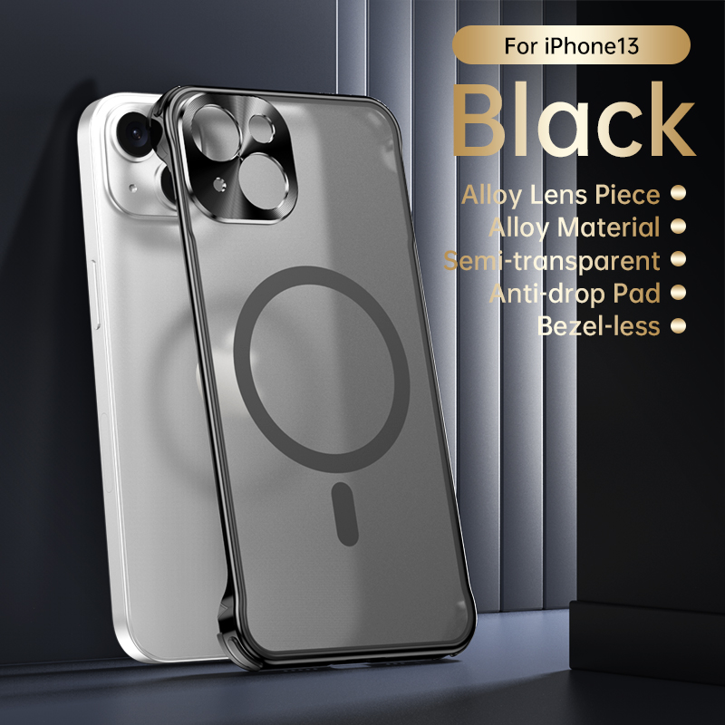 Metal Frameless Fall Protection Case Magsafe matte Wireless Charging Case For iPhone 15 14 13 Pro Max Series Magnetic Phone Case: aluminum / black