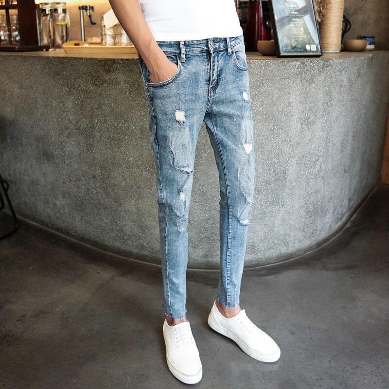 Pantalones pitillo a la para adolescentes, jeans de tobillo rasgados de pies pequeños para hombres, pantalones ajustados de espíritu social para chico y mengero, ,