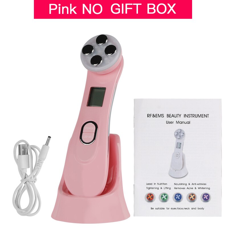 LED Photon Face Skin EMS Mesotherapy Electroporation RF Radio Frequency Facial Skin Care Device Face Lift Tighten Beauty Machine: Pink No Box