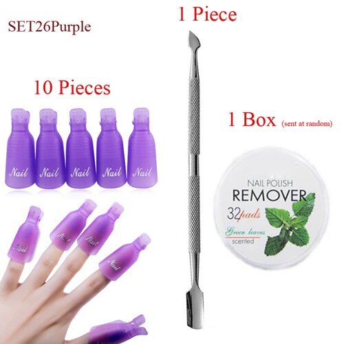 Addfavor negle skønhedsværktøj sæt negle neglebånd pusher manicure frugt neglelakfjerner cap klip makeup servietter bomuldstilbehør: Sæt 26 lilla