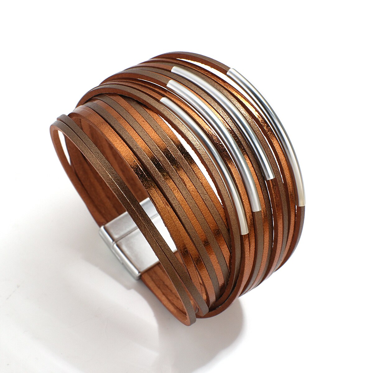 Allyes Eenvoudige Dubbele Kleur Slanke Strip Lederen Armband Voor Vrouwen Mode Metalen Buis Multilayers Wide Wrap Armband Vrouwelijke Sieraden