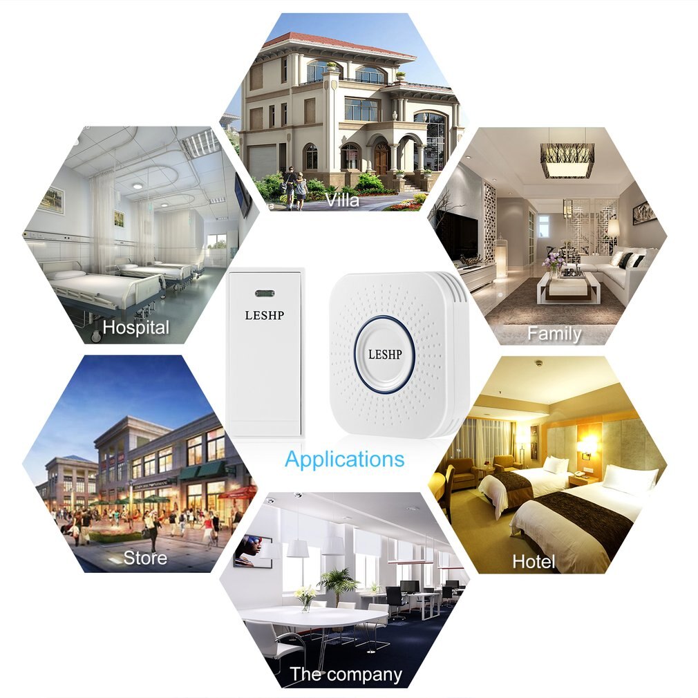 LESHP Smart Wireless Doorbell Home Intelligent Security Chimes Door Bell Alarm LED Light 58 Songs With Waterproof Touch Button