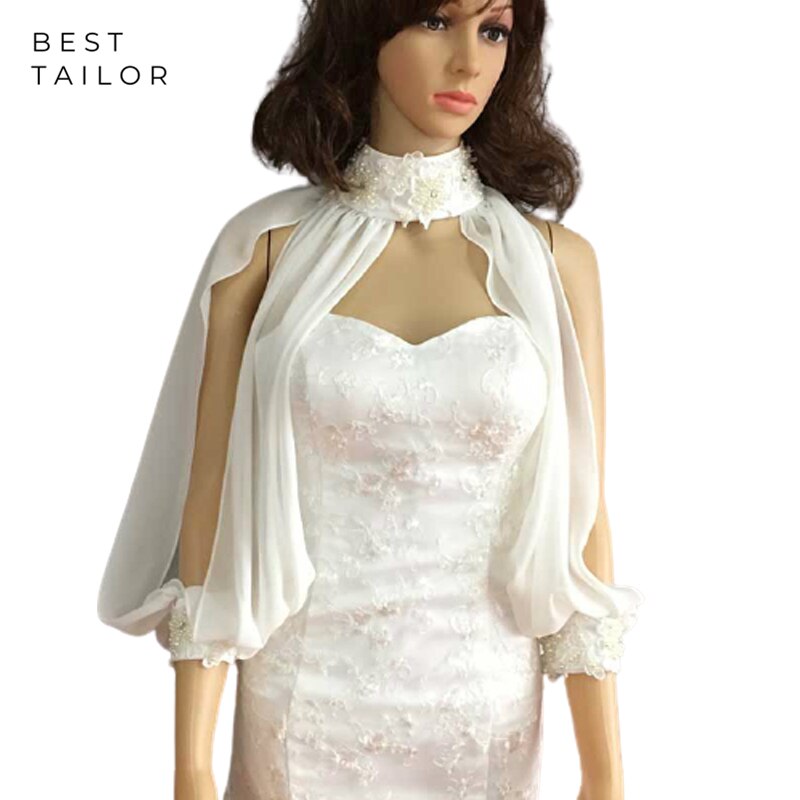 Kleuren beschikbaar! ivoor chiffon bruidsjassen bolero bruidsmeisjesjurken hoge hals split lange mouwen bruiloft accessoires