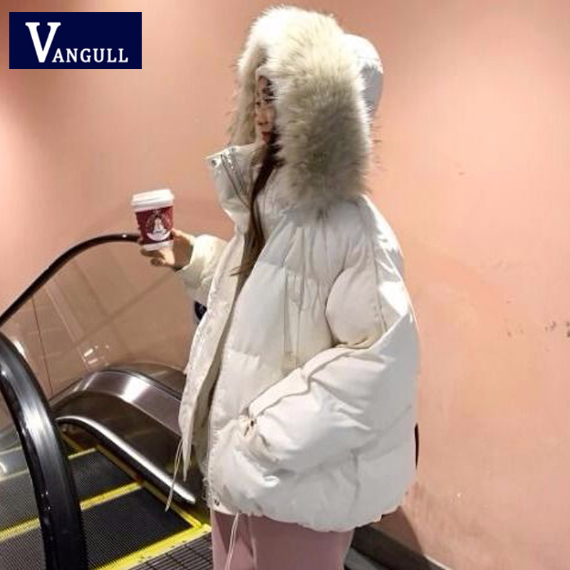 Vangull kvinner vinterjakke parkas stor pelskrage hette kåpe kausal lange ermer tykkere løs kvinnelige fast parkas kåpe: beige / L