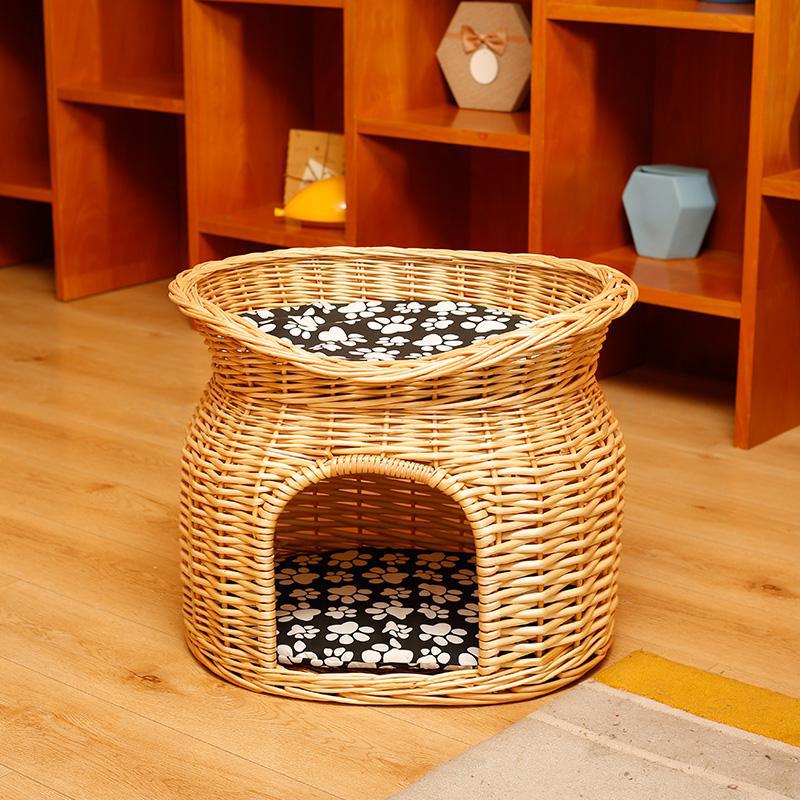 Nido de gato de verano de ratán, casa de gato universal para las cuatro estaciones, casa de campo, jaula de gato de doble capa, suministros de gatos extraíbles, nido de perro: 60x45x48cm  2