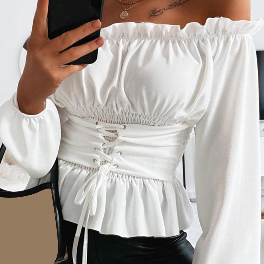 Kvinnor skjortjacka kappa höst casual enfärgad långärmad volang nederkant off shoulder toppblus