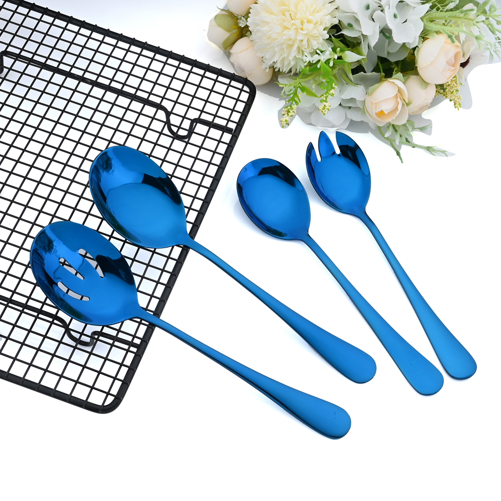 Blue Salad Spoon Fork Serving Spoon Set 2PCS Salad Spoon Stainless Steel Cutlery Set Spklifey Mirror Colorful Unique Spoons