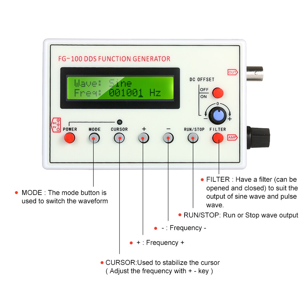 1HZ-500KHZ FG-100 DDS Functional Signal Generator Sine Triangle Square Sawtooth ECG Noise Output Source Module Frequency Counter