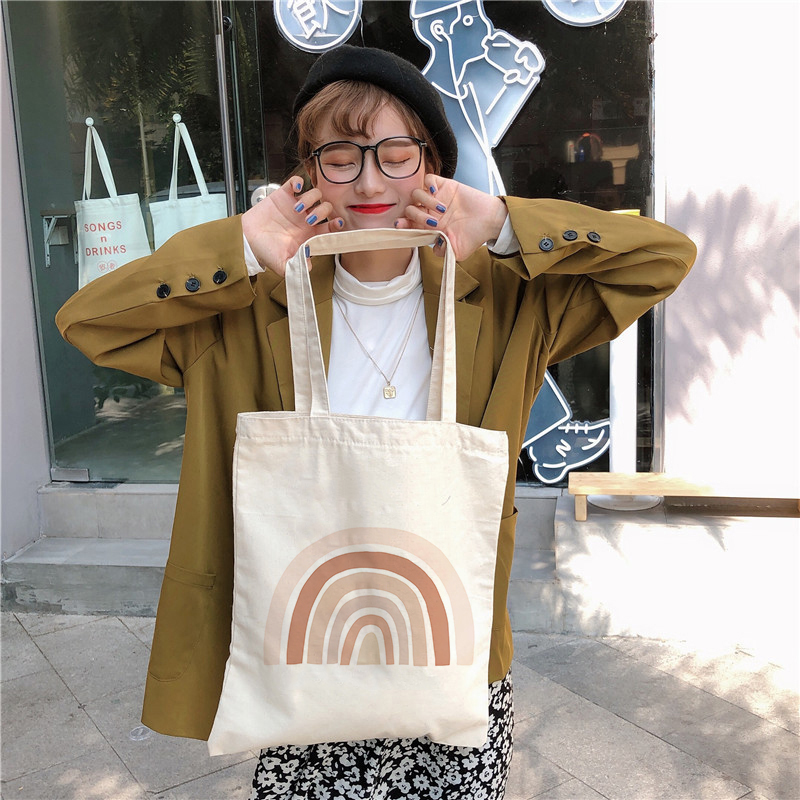 Rainbow Cotton Canvas Bag Women&#39;s Casual Shoulder Bags Lady Handbag Reusable Large Capacity Tote Bags Student Book Bag: J608-TBBG-F