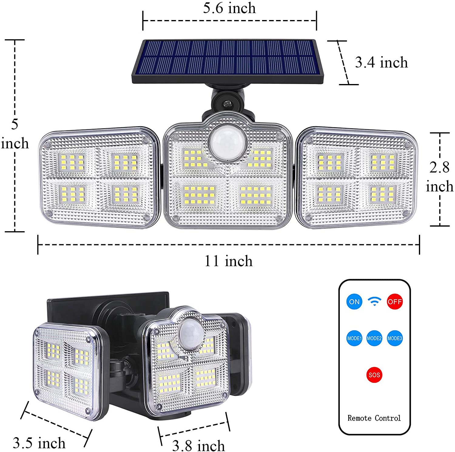 Solar Led Light Outdoor Lighting 3 Head Motion Sensor Wide Angle Illumination Super Bright Waterproof Remote Control Wall Lamp