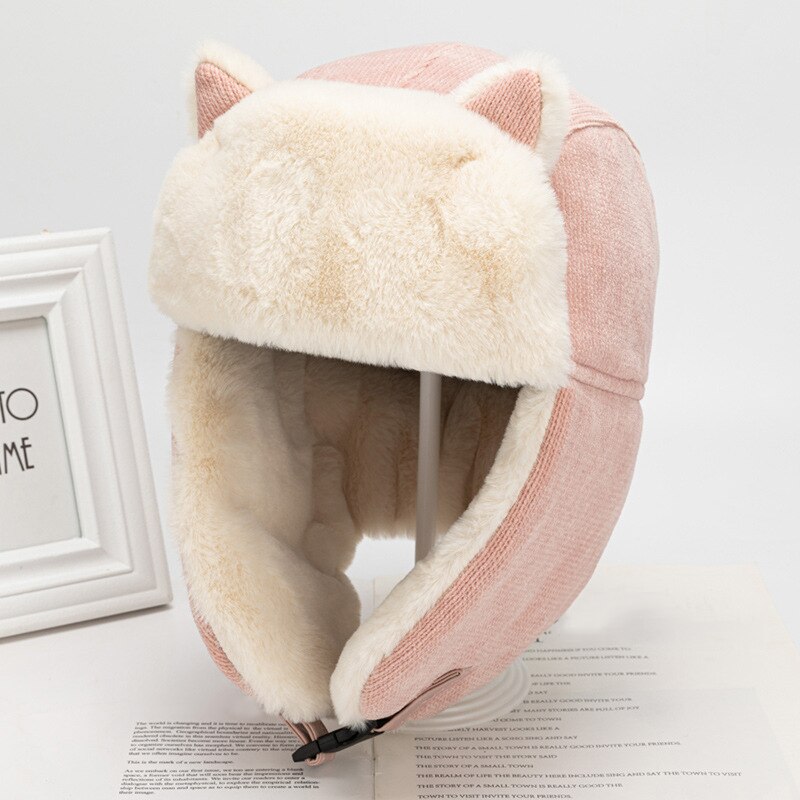 hiver femmes oreilles de chat Bomber chapeau épais coton cachemire en peluche masque russe Ski Protection visage cache-oreilles casquette: Pink
