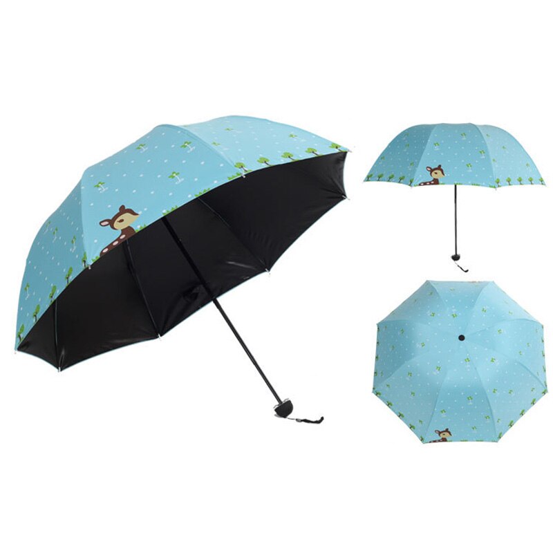 Herten drie-opvouwbare paraplu zwarte coating uv-zonneparaplu regenachtige cartoon vrouwenparaplu's: Blauw