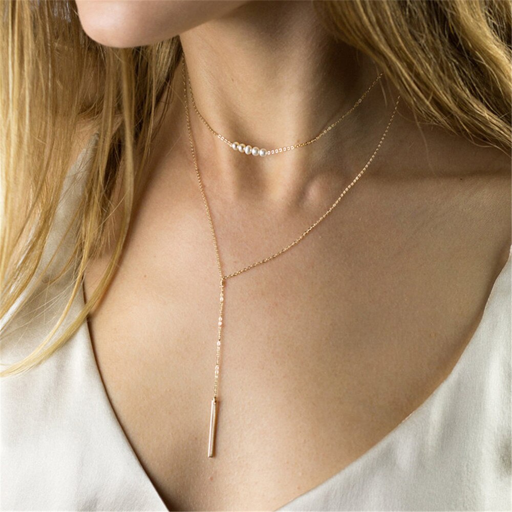 Zilveren parel hanger choker ketting ketting 316l roestvrij staal anti-allergie ketting voor vrouwen meisjes rechthoekige sieraden