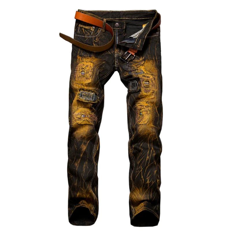 Nuevos pantalones vaqueros informales rasgados de retales, ropa de calle para hombre, pantalones vaqueros desgastados Retro para motocicleta, pantalones vaqueros rectos ajustados a la para hombre: 34 / YELLOW