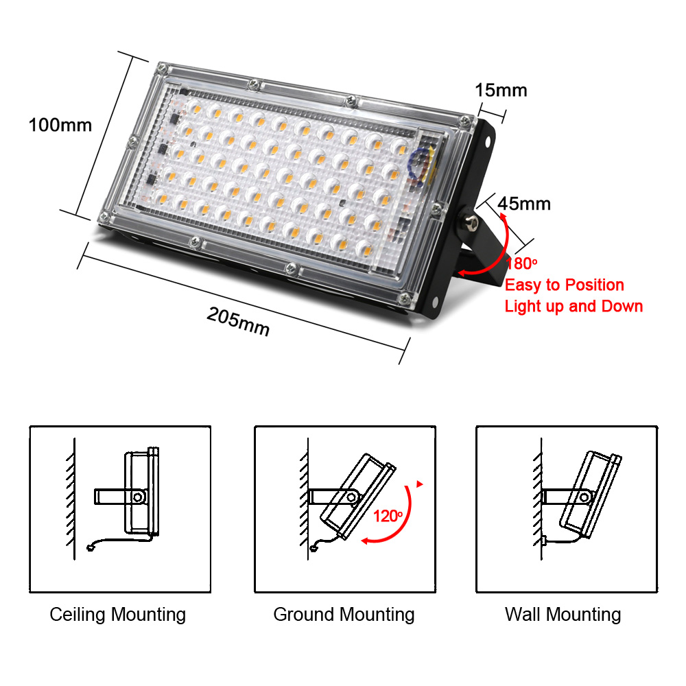 Foco reflector de luz LED de gran potencia para iluminación de exteriores, faro impermeable IP65 de 50W, AC 220V 240V, para espacios al aire libre