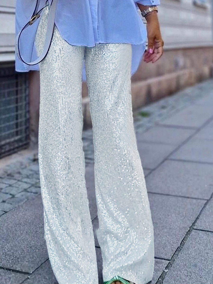 wsevypo Shiny Sequins Wide Leg Pants for Women Casual Loose Elastic High Waist Straight Leg Trousers for Office Streetwear: M / Silver