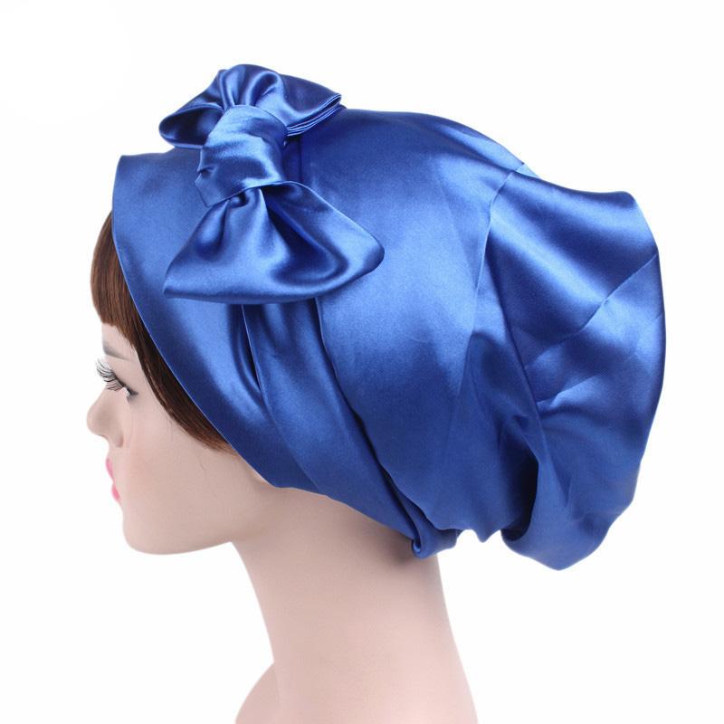 Satin dame hijab kemo hat turban hoved tørklæder hårtab hovedbeklædning bandana bånd sløjfe tørklæde cancer kasketter beanie cover: Kongeblå
