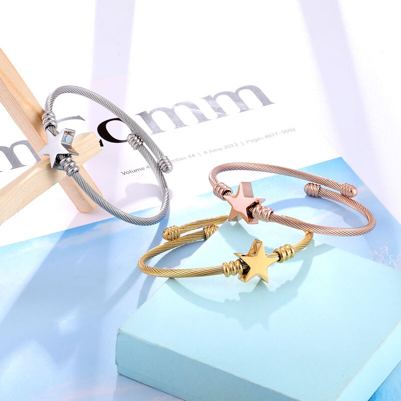 Cute Star Shape Bangle Adjustable Size Bracelet Stainless Steel Twisted Cable Wire Jewelry Women Love