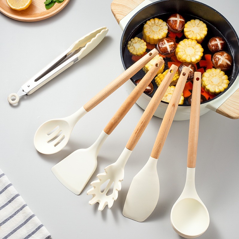 Khaki Kitchen Tools 12 Piece Silicone Spatula With Storage Bucket Wooden Handle Silicone Kitchen Set Cooking Kitchen Accessories
