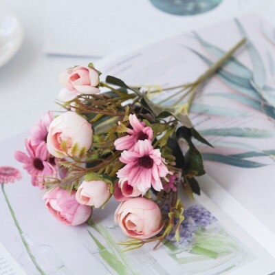 Sztuczne kwiaty róże herbaciane bukiet ślubny wazony robić dekoracji wnętrz akcesoria garnki ślubne dekoracje kwiatowe sztuczne rośliny: różowy