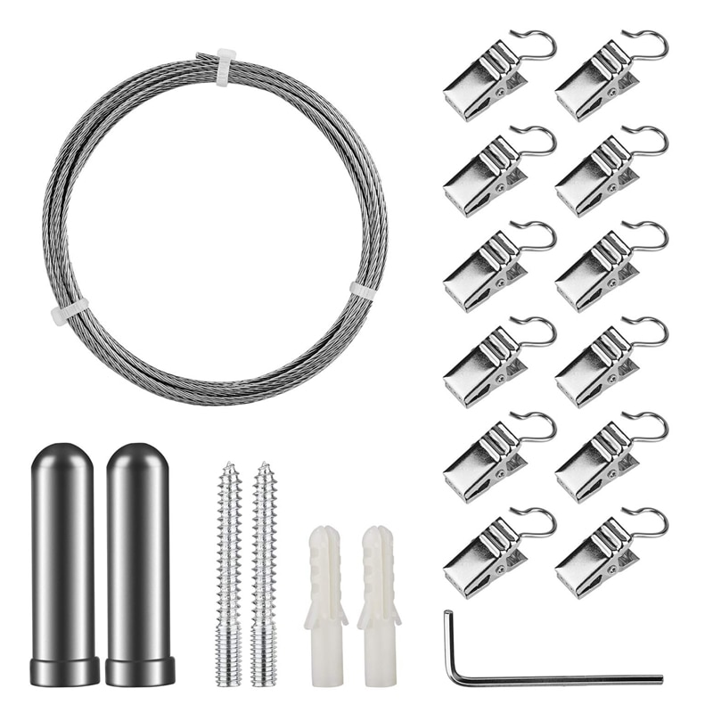 YO-Curtain Drape Wire Rod Set with 12 Clips, Stainless Steel Picture Hanging Wire Clothesline Wire Multi-Purpose Set Hang Ph: Default Title