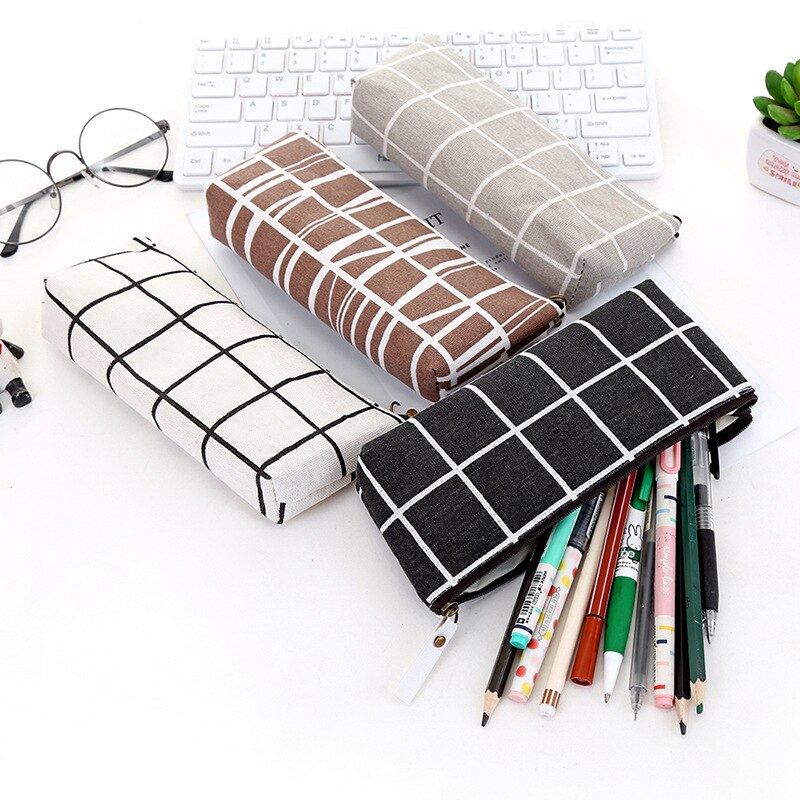 Canvas Pencil Case School Pencil Bag Pencilcase Pen Bag Cute Simple Striped Grid Pencil Box School Tools