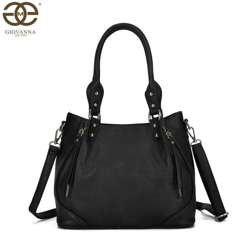 Giovanna Milano Bolso mujer de hombro grande con doblado bolsos de mano para chicas tote casual con correa ajustable y cremalleras de adorno PU en color liso cierre con cremallera tamaño oficina T10969: Negro