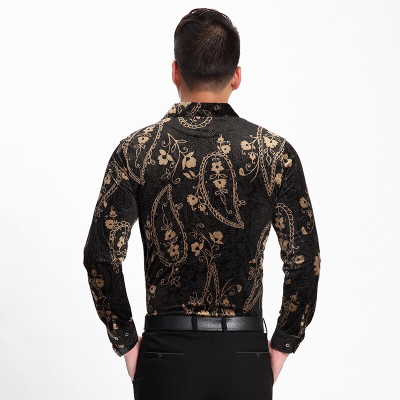 Zijden overhemden gouden fluwelen herenoverhemden lente herfst zijden fluwelen herenoverhemden met bloemen slim fit zeer goed