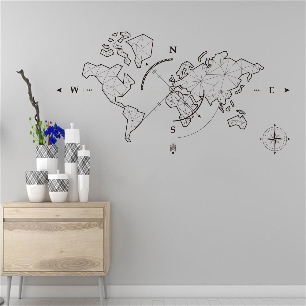 Large World Map Compass Earth Wall Sticker Office Classroom Travel Global Exploration Adventure Decals Vinyl Art Décor