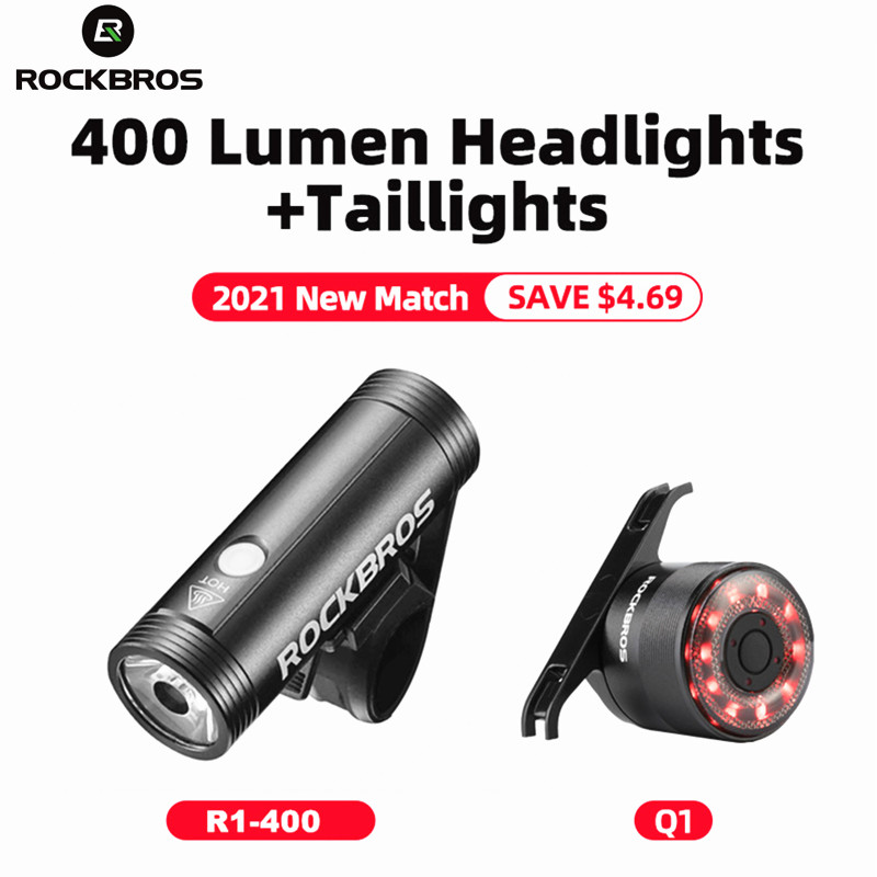 ROCKBROS-Luz LED delantera y trasera para bicicleta, faro trasero para ciclismo de montaña, con USB, 400/800/1000LM: R1-400 Q1