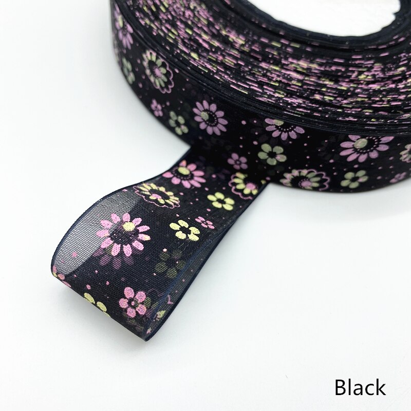 Cintas de Organza con estampado de flores, embalaje de , decoración de boda, bricolaje, 5 yardas, 25mm: Níquel negro