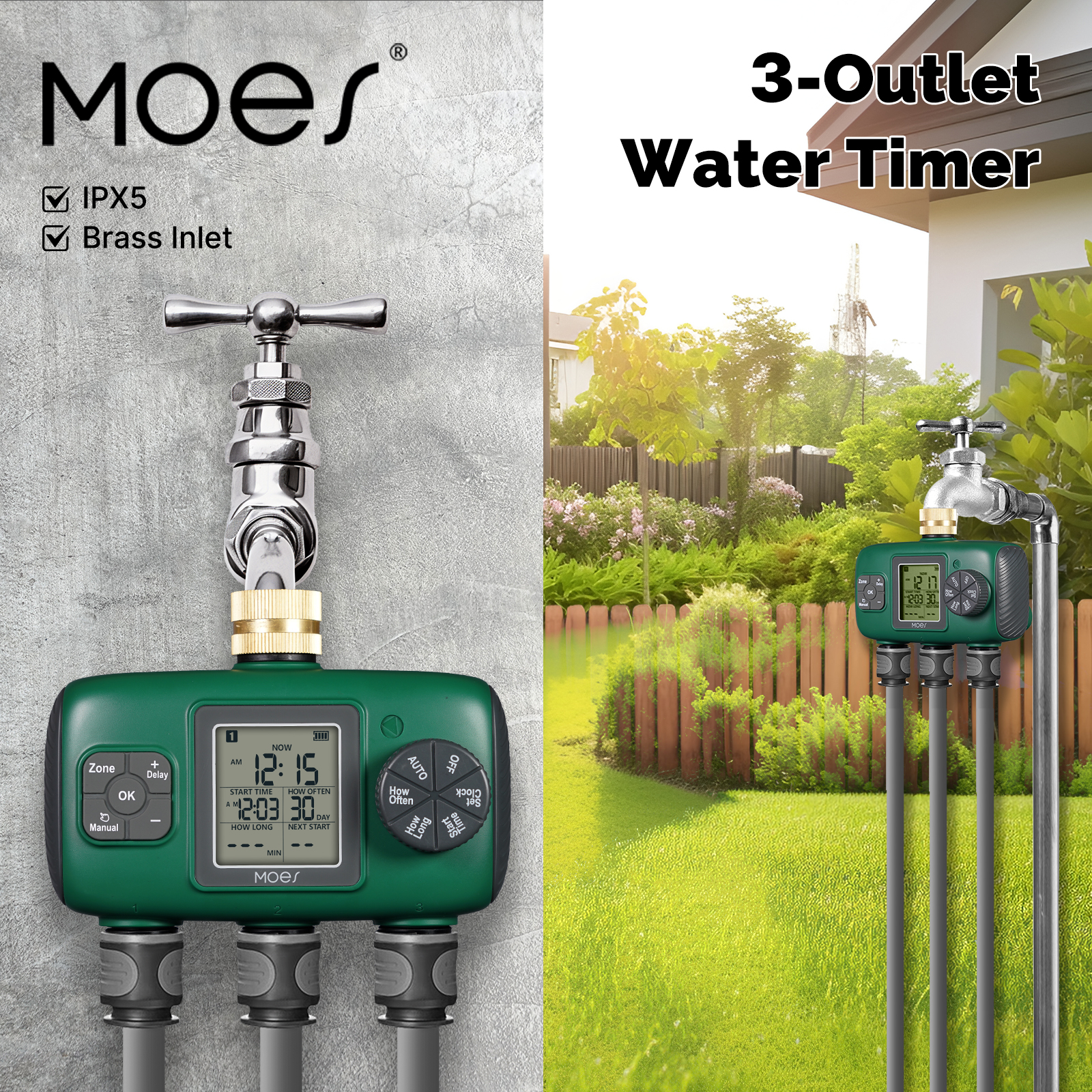 MOES 3-uitgang slimme watertimer messing inlaat IPX5 waterdichte knop knop automatische irrigatie LCD-scherm tuinsproeier