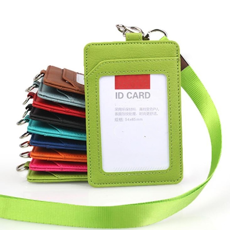 Læder-id-badge buskortholder med lanyard business office id holder: Grøn