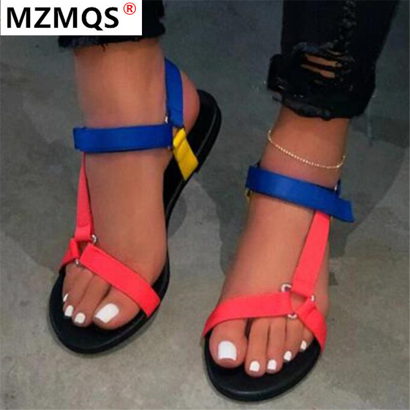 Sandales à bout ouvert pour femme, chaussures d'été de , couleur arc-en-ciel, chaussures avec boucles avec crochet, collection